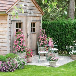 a garden shed with flowers around it