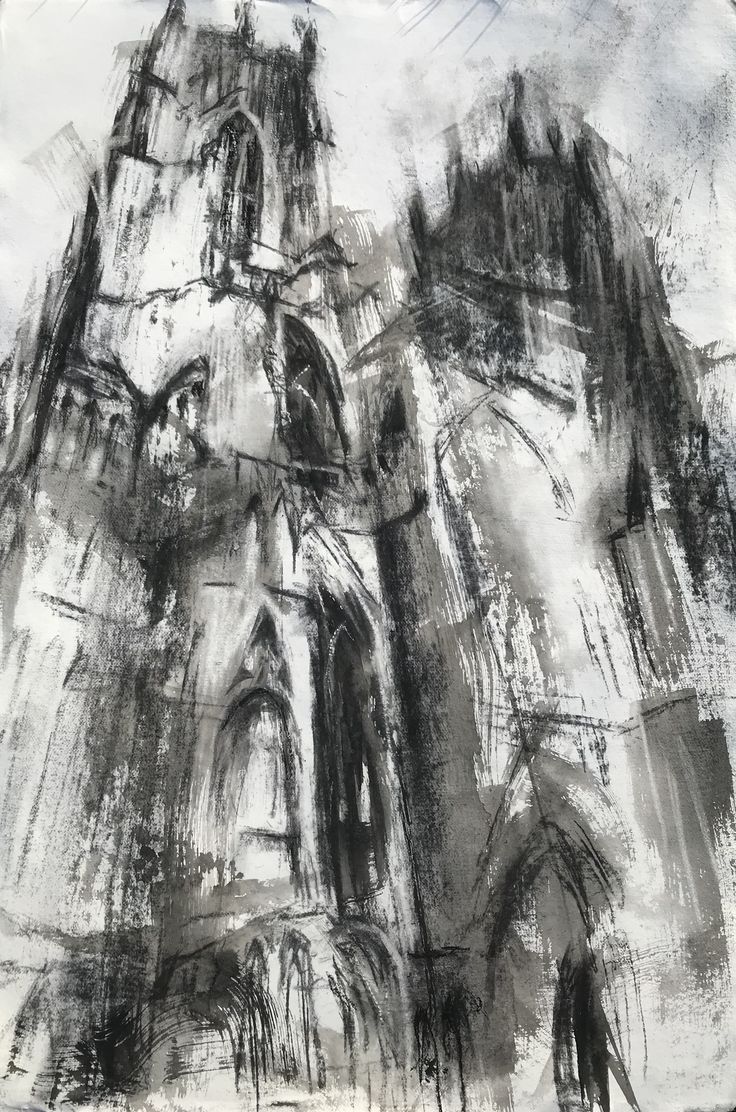 black and white drawing of an old church