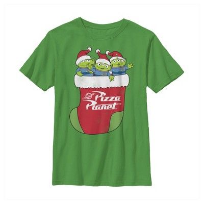 a green t - shirt with the words pizza planet on it and two cartoon characters in santa