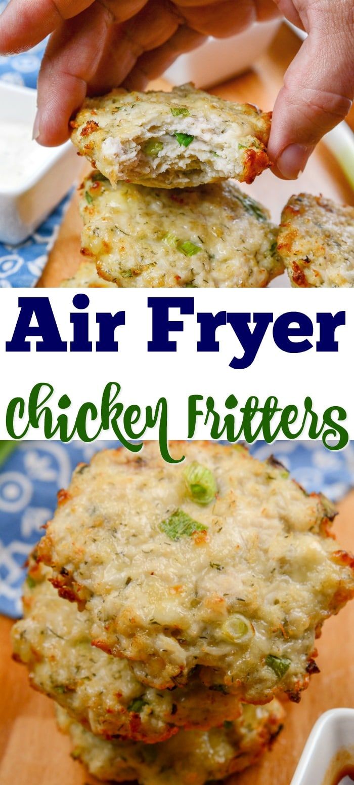 air fryer chicken fritters are stacked on top of each other and ready to be eaten