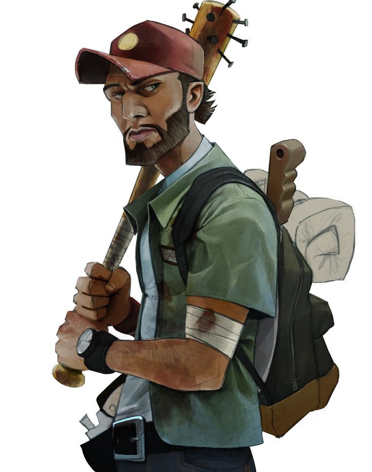 a drawing of a man with a backpack and baseball bat in his hand, holding an umbrella