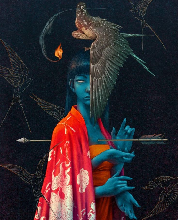 a painting of a woman holding a bird on her shoulder and an arrow in her hand