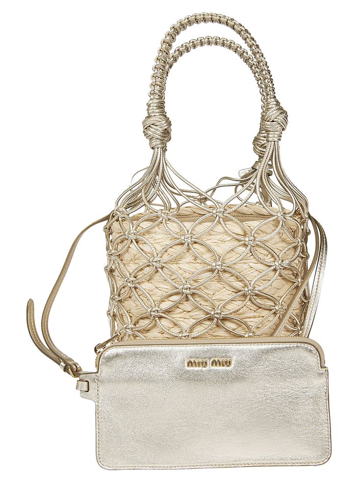 Woven Bucket Bag from Miu Miu Miu Miu Rectangular Travel Bags, Luxury Pouch Bag With Braided Handles, Rectangular Miu Miu Bag, Modern Miu Miu Bags With Detachable Handle, Modern Miu Miu Bag With Detachable Handle, Elegant Miu Miu Formal Bags, Elegant Miu Miu Shoulder Bag For Travel, Designer Beige Miu Miu Shoulder Bag, Designer Miu Miu Bags With Gold-tone Hardware