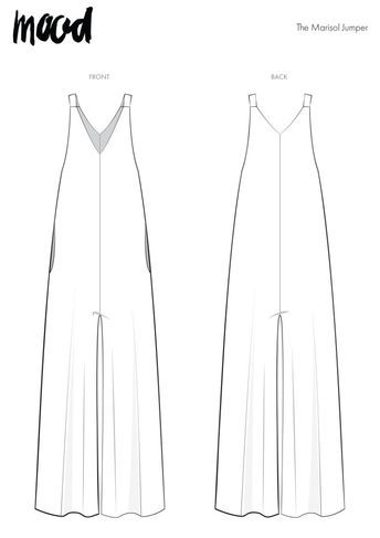 the front and back view of an unlined jumpsuit sewing pattern, with measurements for each