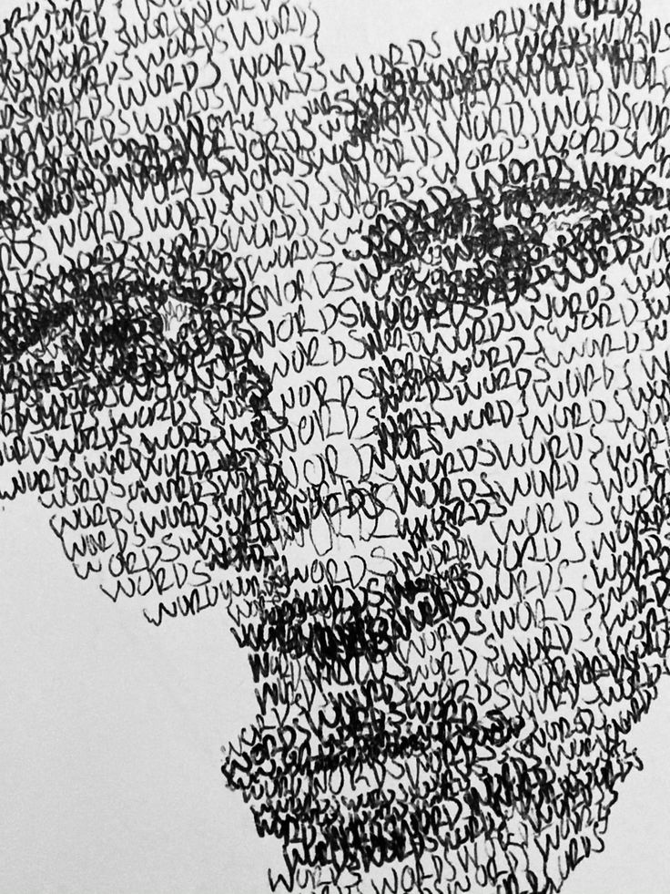 a black and white drawing of a man's face with words all over it