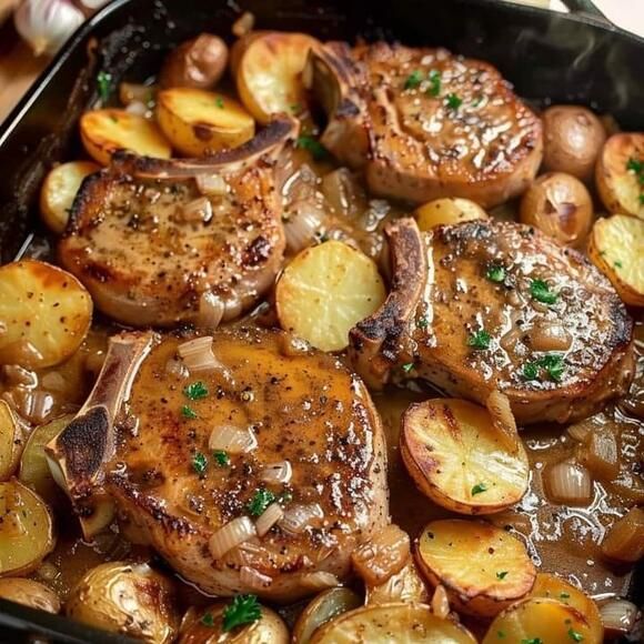 some meat and potatoes in a pan on a table with utensils next to it