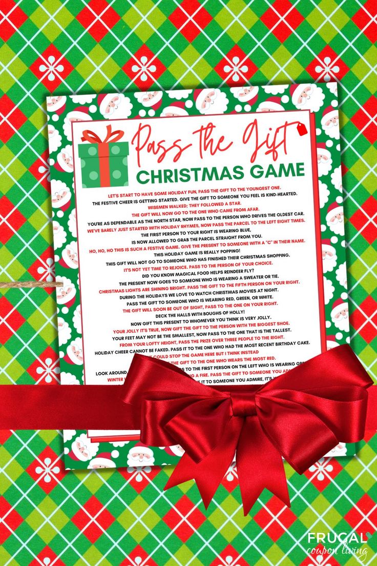 a christmas game is shown with red ribbon and green checkered wrapping paper on it