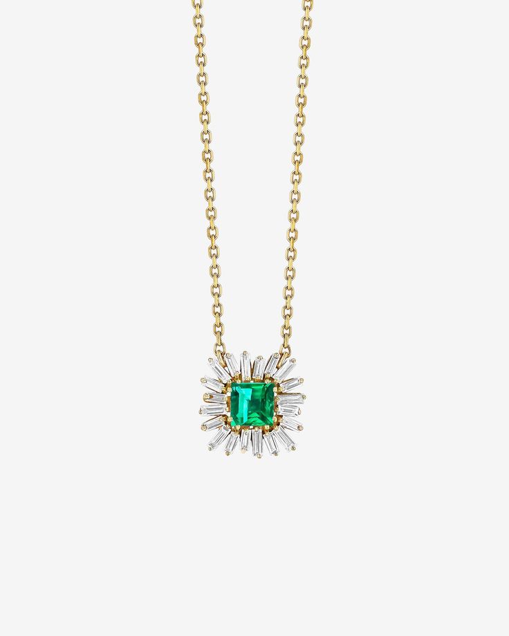 Suzanne Kalan Princess Emerald Spark Pendant in 18k yellow gold Timeless Green Jewelry With Baguette Diamonds, Elegant Green Baguette-cut Emerald Necklace, Elegant Green Baguette Cut Emerald Necklace, Timeless Radiant Cut Emerald Jewelry, Luxury Radiant Cut May Birthstone Jewelry, Luxury Square Cut Emerald Jewelry, Square Cut Diamond Jewelry For May Birthstone, Green Square Cut Diamond Jewelry, Fine Jewelry Emerald With Baguette Diamonds