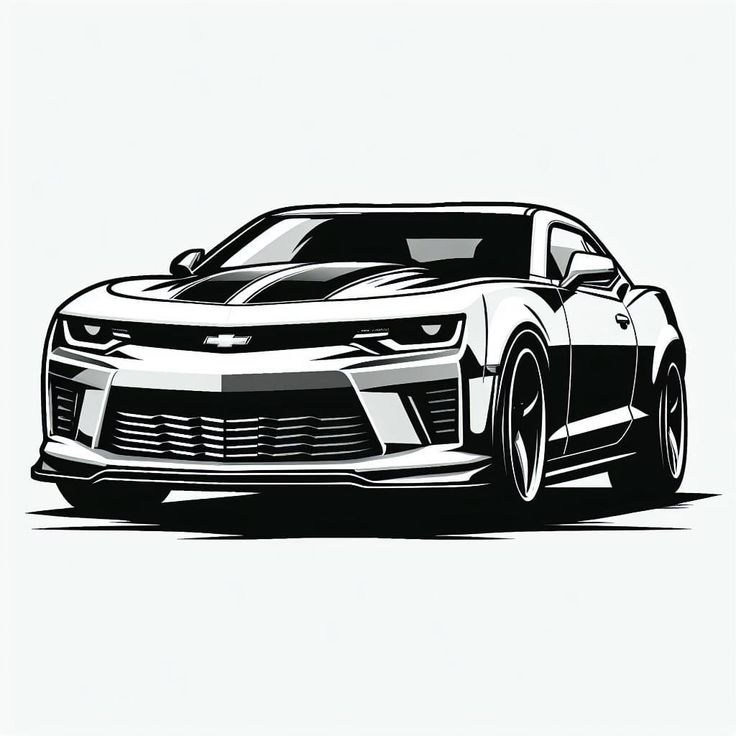 a black and white drawing of a chevrolet camaro on a light gray back ground