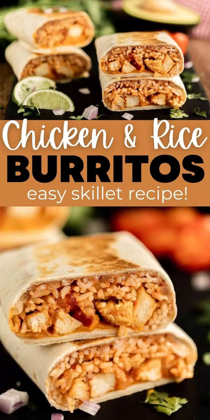 chicken and rice burritos on a plate with text overlay that reads, chicken and rice burritos easy skillet recipe