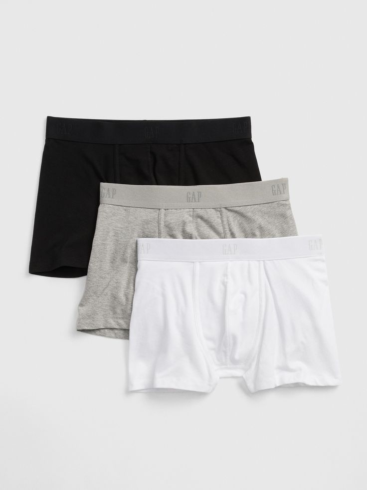 Soft, breathable jersey knit.  Brushed elasticized waistband with logo detailing. Casual White Bottoms Multi-pack, Sporty Solid Color Boxer Briefs With Ribbed Waistband, Sporty Solid Boxer Briefs With Ribbed Waistband, Sporty Boxer Briefs With Ribbed Waistband, Casual Moisture-wicking Bottoms By Gap, Sporty Boxer Briefs With Ribbed Waistband For Sports, Casual Gap Bottoms With Moisture-wicking, Gap Casual Moisture-wicking Bottoms, Casual Sports Boxer Briefs With Elastic Waistband