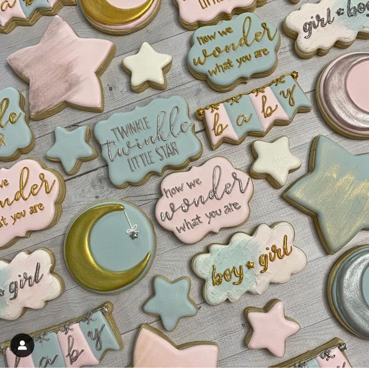 decorated cookies with words and stars on them