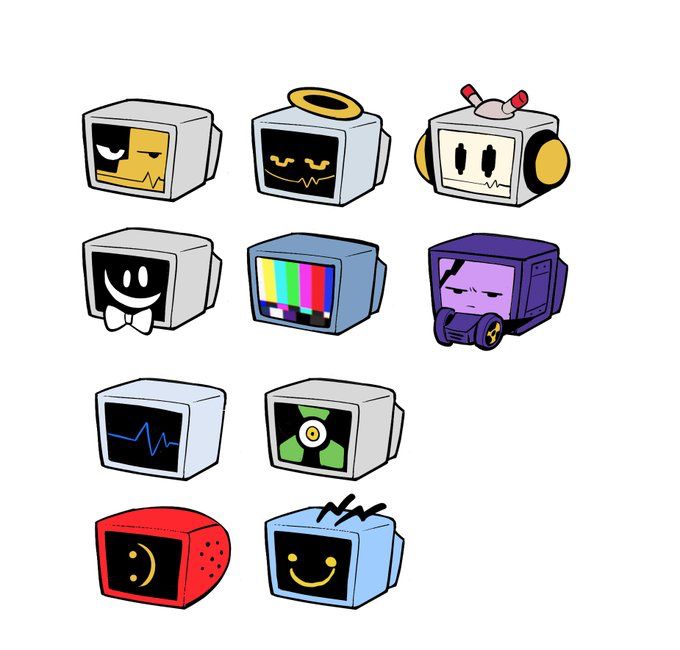 an assortment of different colored boxes with faces drawn on the front and back, all in various shapes and sizes