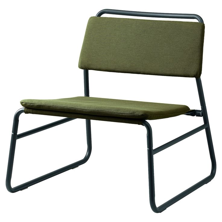 a green chair with a black frame and seat cushion on it's back, against a white background