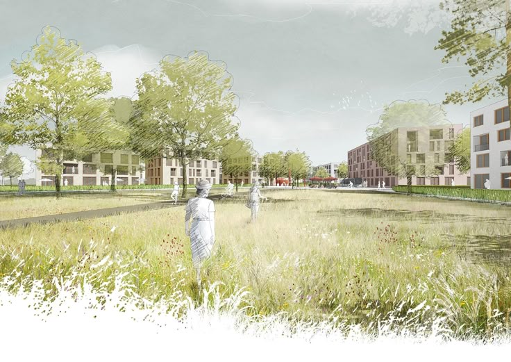 an artist's rendering of two people walking through the grass in front of apartment buildings