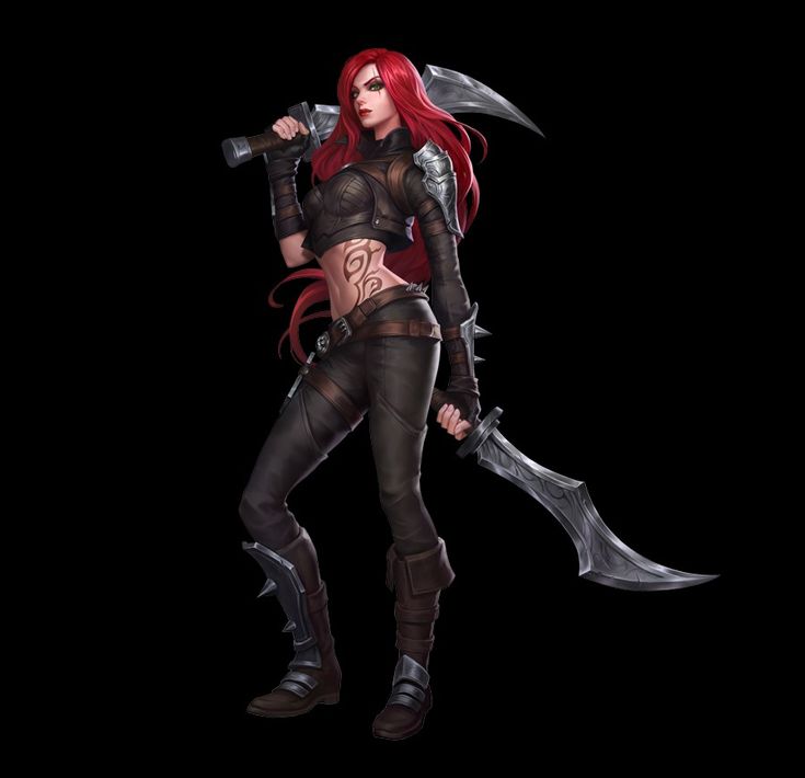 a woman with red hair and black clothes holding two large axes in her hands, while standing