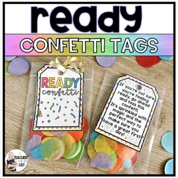 two tags with the words ready on them and confetti tags attached to them