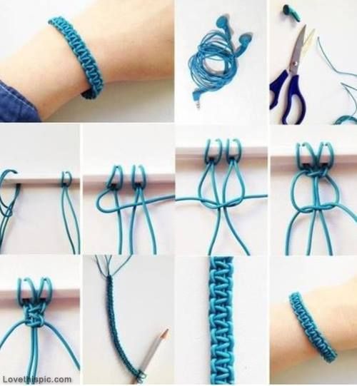 the instructions for how to make a bracelet with blue thread and beads on it's side