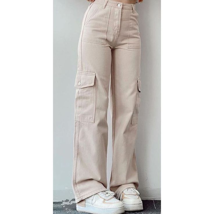 Apricot Mid-waist Pocket Overalls Casual Pant Non-stretch Mid-rise Cargo Pants With Pockets, High-waist Baggy Beige Cargo Pants, Beige High-waist Baggy Cargo Pants, High Waist Beige Cargo Jeans, High Waist Baggy Beige Cargo Pants, Trendy High Waist Beige Cargo Jeans, Beige Baggy High Waist Cargo Pants, Beige Cargo Pants With Pockets For Fall, Beige Baggy Cargo Jeans