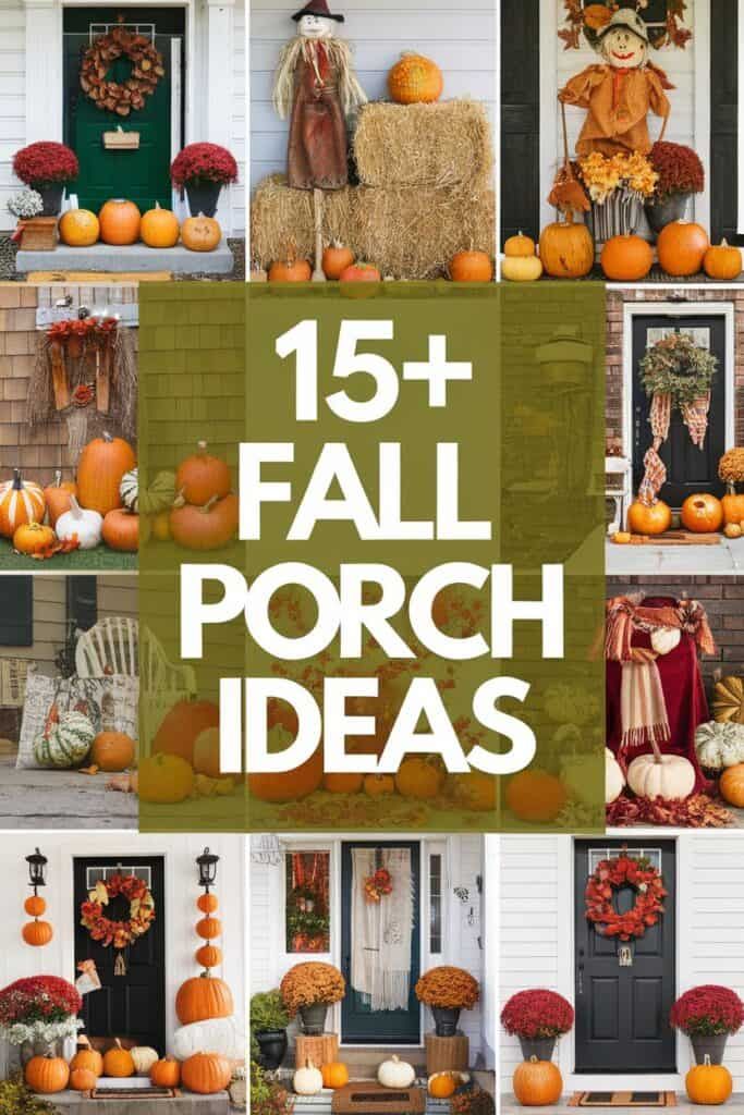 pumpkins and hay bales with the words 15 fall porch ideas