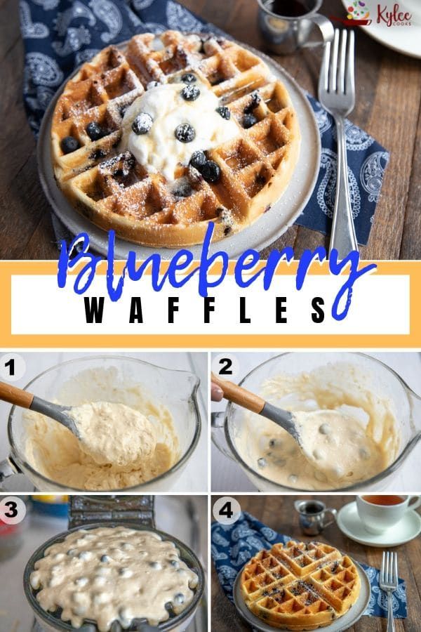 the steps to make blueberry waffles are shown in this collage with text overlay