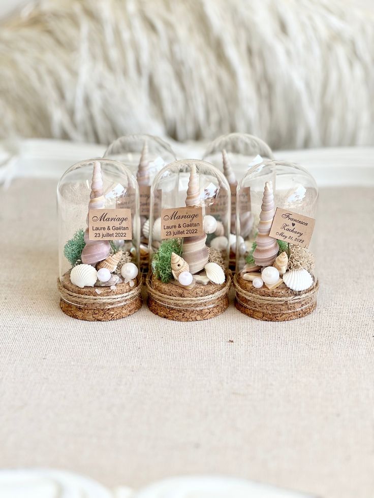 three small glass domes with shells and seashells in them on a bed sheet