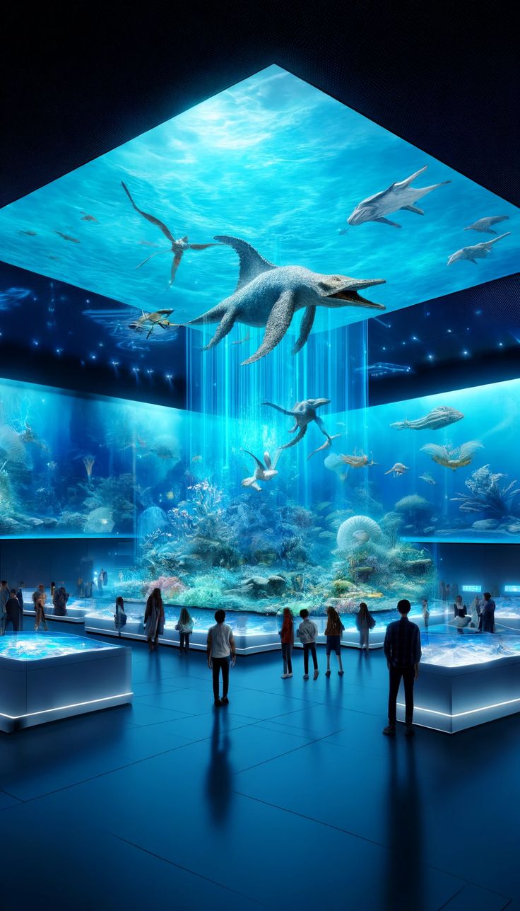 3D Holographic Museum Customization - Sea World And Dinosaur Series Ocean Exhibition Design, Hologram Museum, Hologram Interior, Hologram Exhibition, Futuristic Aquarium, Modern Futuristic Interior, Futuristic Museum, Futuristic Exhibition, Ocean Museum