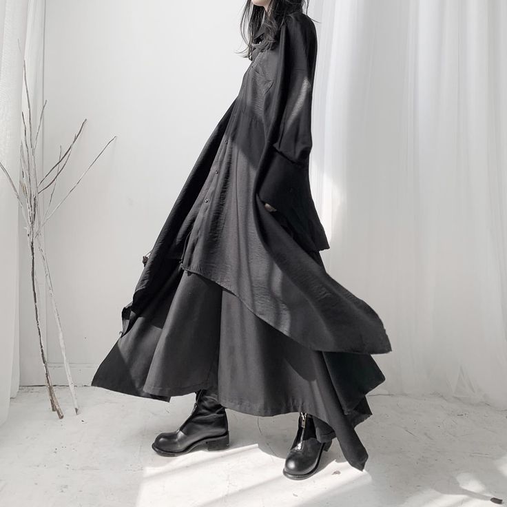 Niche Asymmetric Loose Shirt Skirt Two-piece Set - Trendha Y2k Shirts, Black Two Piece Set, Korean Fashion Black, Japanese Fashion Designers, Alt Clothes, Black Streetwear, Women White Blouse, Black Two Piece, Langer Rock