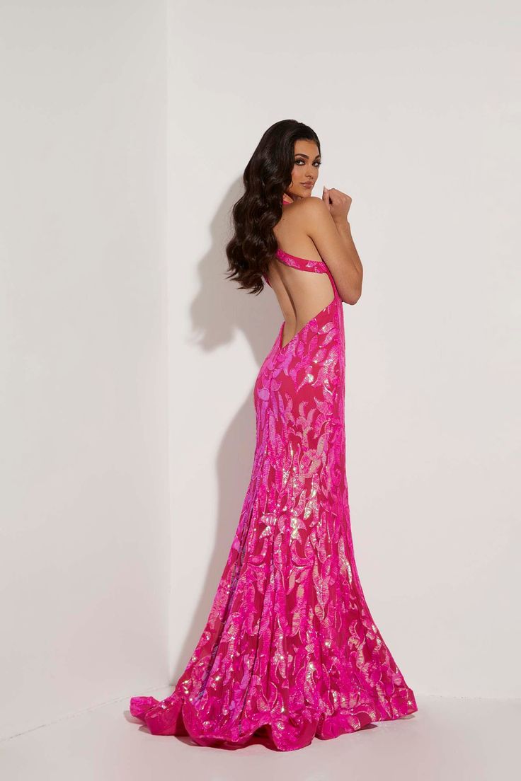 Jasz couture 7409 Fitted evening gown featuring an open back and V neckline. Backless Sequin Gown For Gala, Sequin Backless Gala Gown, Backless Sequined Gala Gown, Pink Backless Gown For Prom Season, Elegant Floor-length Pageant Gown, Sweetheart Neckline Gown With Sheer Back For Prom, Fitted Bodice Backless Dress For Gala, Glamorous Low Back Evening Dress, Formal Low Back Dresses For Prom Season