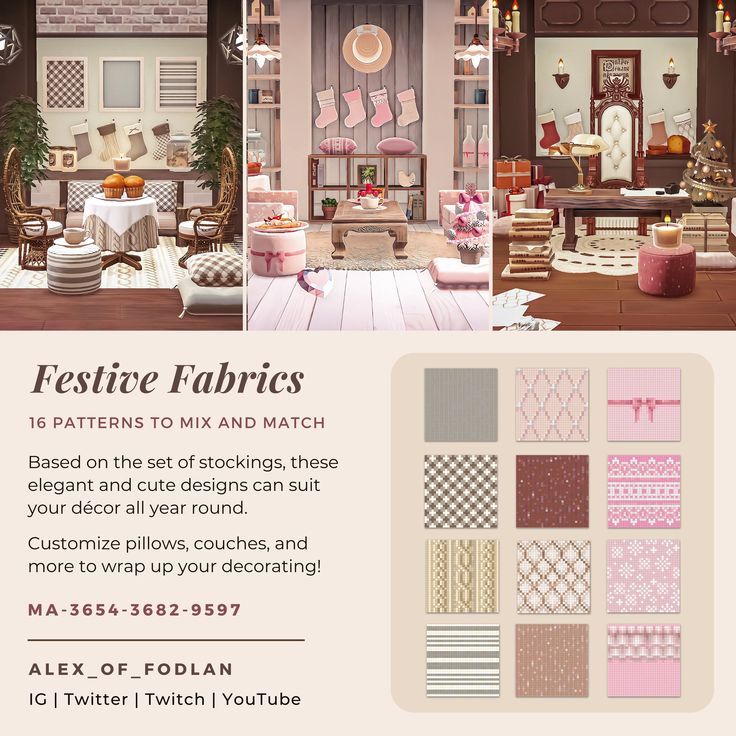 an advertisement for a fabric store featuring pink and brown furniture