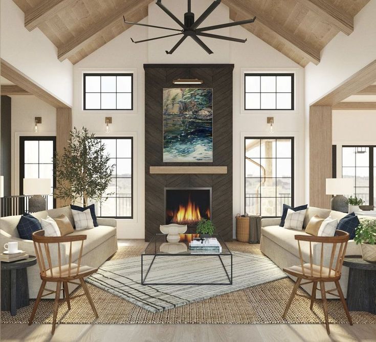 a living room filled with furniture and a fire place in the middle of a room