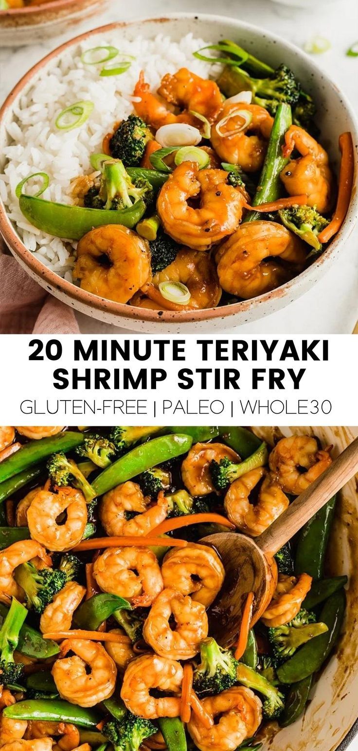 shrimp and broccoli stir fry in a bowl with rice