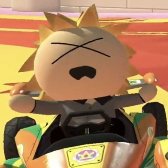 an animated character is riding on a motorcycle