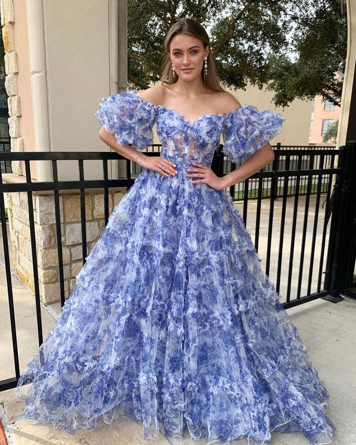 Floral Tulle Prom Dress, Tulle Prom Dress Short, Fun Dresses, Printed Prom Dresses, Tulle Material, Navy Blue Print, A Line Evening Dress, Beautiful Silhouette, Prom Dresses For Sale