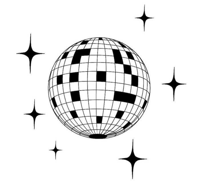 a black and white image of a disco ball with stars in the sky behind it