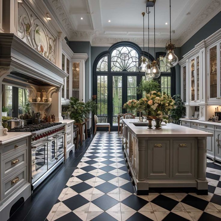 a large kitchen with black and white checkered flooring, an arched window, two ovens on the far wall