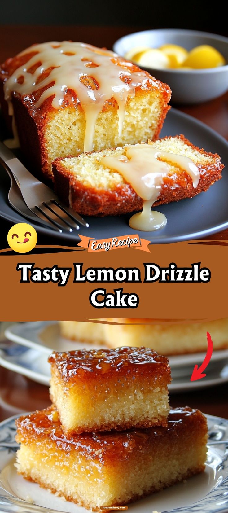 two slices of lemon drizzle cake sitting on top of a plate next to each other