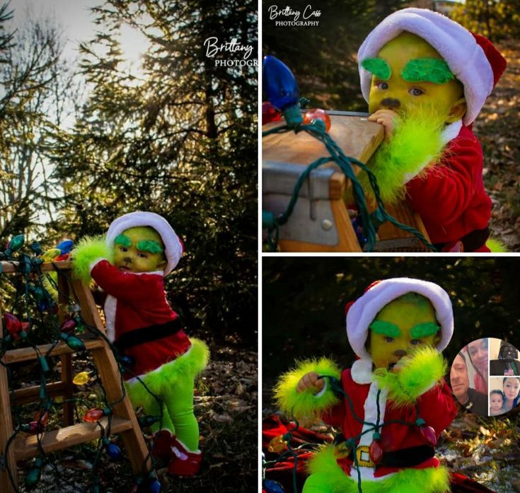 a collage of photos shows a child dressed in green and wearing a santa claus outfit