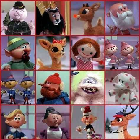 many different pictures of stuffed animals and people in the same photo, one has a red frame