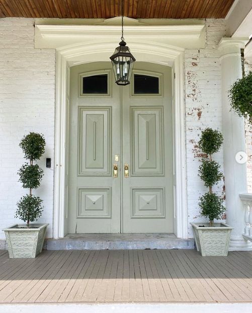 two potted plants on the front porch of a white house with an entry door