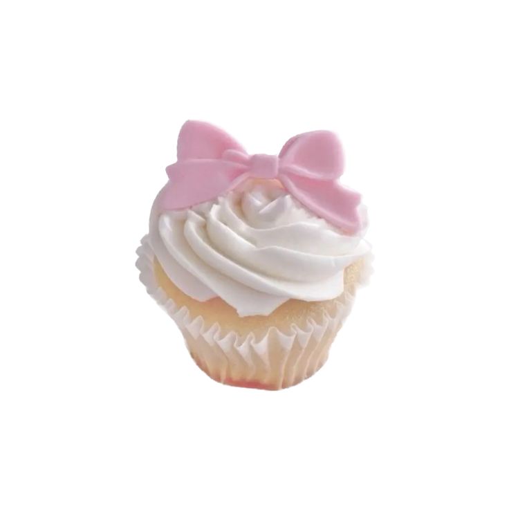 a cupcake with white frosting and a pink bow on it's top