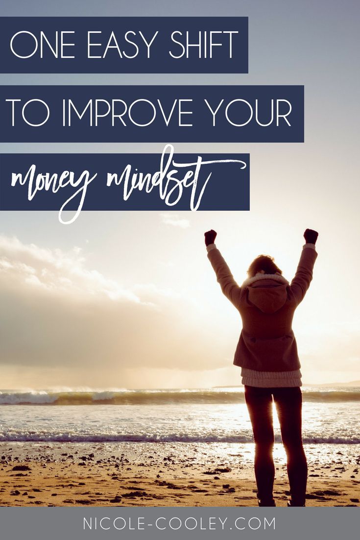 a woman standing on the beach with her arms in the air and text that reads, one easy shift to improve your money minds