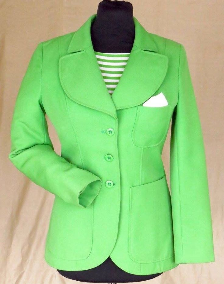 "Green wool/polyester jacket 1970, how stylish is this??!! Cool shade of lime Green that appears to have had fairly little wear but was never cleaned. Very continental styling as was common in all of Western Europe (where it was made) at this point. Love the rounded nature of the collar and patch pockets. Stated 38 I would put this as an 8-10 UK: 18\" p-p/ 15\" shoulder/ 15.5\" across waist/ 19\" across hips/ 23\" sleeve/ 26\" length. 50£ NB The outer garment is perfect, the inner shows dirt on the collar and lining. I can have this dry cleaned if asked before purchase or will leave it to you." Casual Green Wool Blazer, Fitted Green Outerwear With Pockets, Green Wool Single Breasted Blazer, Green Wool Single-breasted Blazer, Fitted Green Cotton Blazer, Fitted Green Cotton Outerwear, Spring Green Blazer For Tailoring, Retro Green Outerwear For Spring, Retro Green Spring Outerwear