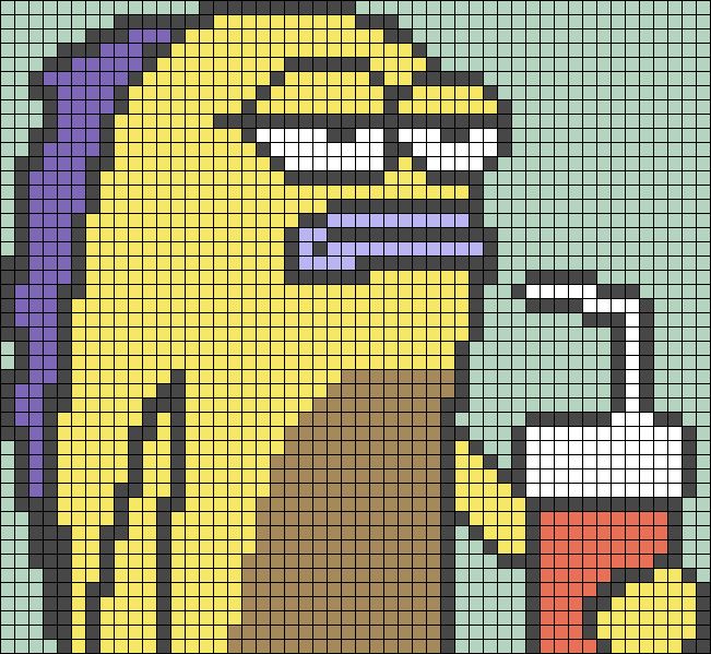 a pixellated image of a cartoon character holding a drink and looking at the viewer