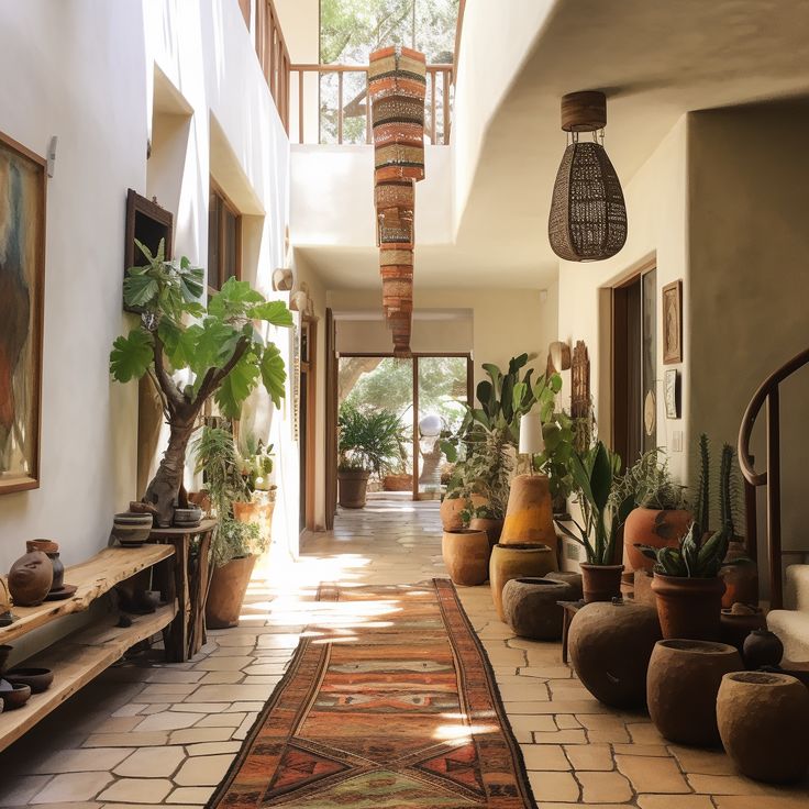 a hallway with potted plants on either side