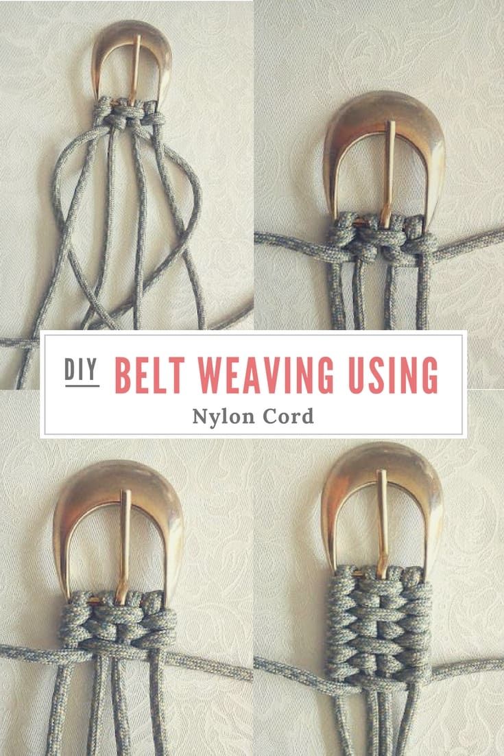 four images of how to tie a belt weaving using nylon cord