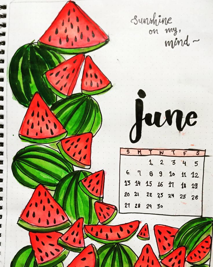 a calendar with watermelon on it and the word june written in cursive writing