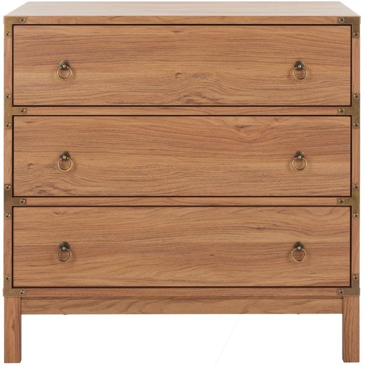 a wooden dresser with three drawers and two pulls on the bottom, one drawer open