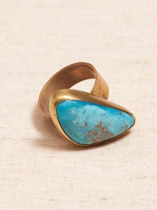 Aureus + Argent | Sonora Turquoise Ring | Banana Republic Vintage Chrysocolla Turquoise Ring, Turquoise Gemstone Brass Jewelry, Bronze Patina Ring, Artisan Turquoise Brass Jewelry, Turquoise Brass Spiritual Jewelry, Turquoise Ring With Patina, Collectible Turquoise Jewelry With Patina, Vintage Teardrop Patina Jewelry, Vintage Jewelry With Large Stone In Open Ring