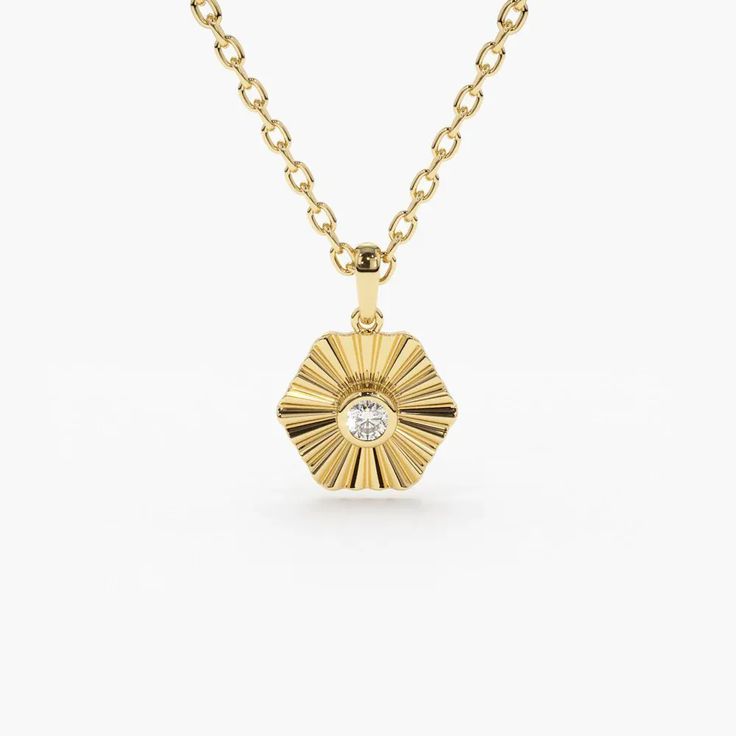 14K Gold Hexagon Diamond Disc Ray Necklace | Necklaces Diamond Cut Octagon Necklace, Elegant Hexagon Jewelry With Polished Finish, Luxury Hexagon Necklace For Gift, Hexagon Shaped Diamond Cut Jewelry For Gifts, Elegant 14k Gold Hexagon Necklace, Hexagon Diamond Cut Jewelry Gift, Hexagon Yellow Gold Fine Jewelry, Gold Hexagon Jewelry With Diamond Cut, Hexagon 14k Gold Necklace Gift